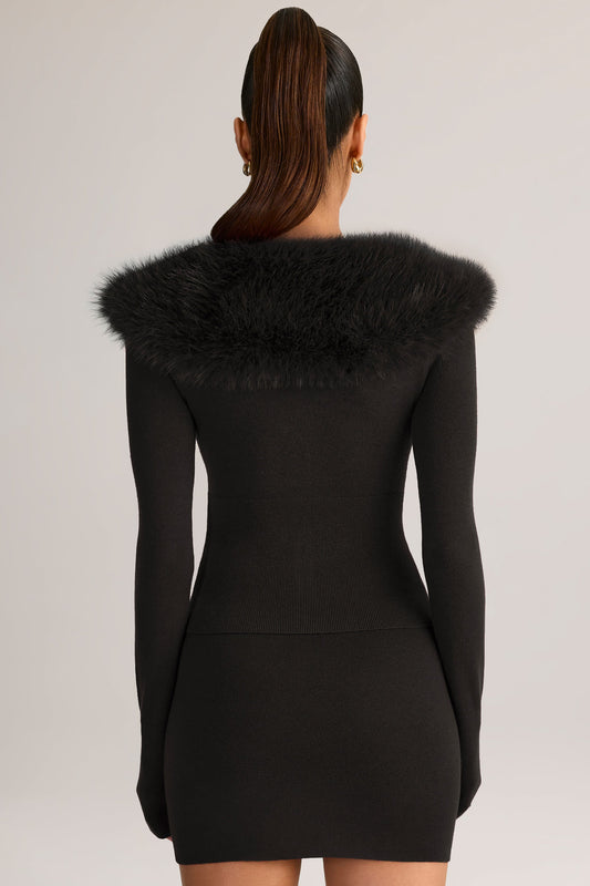 Knit Faux-Fur-Trim Cardigan in Black