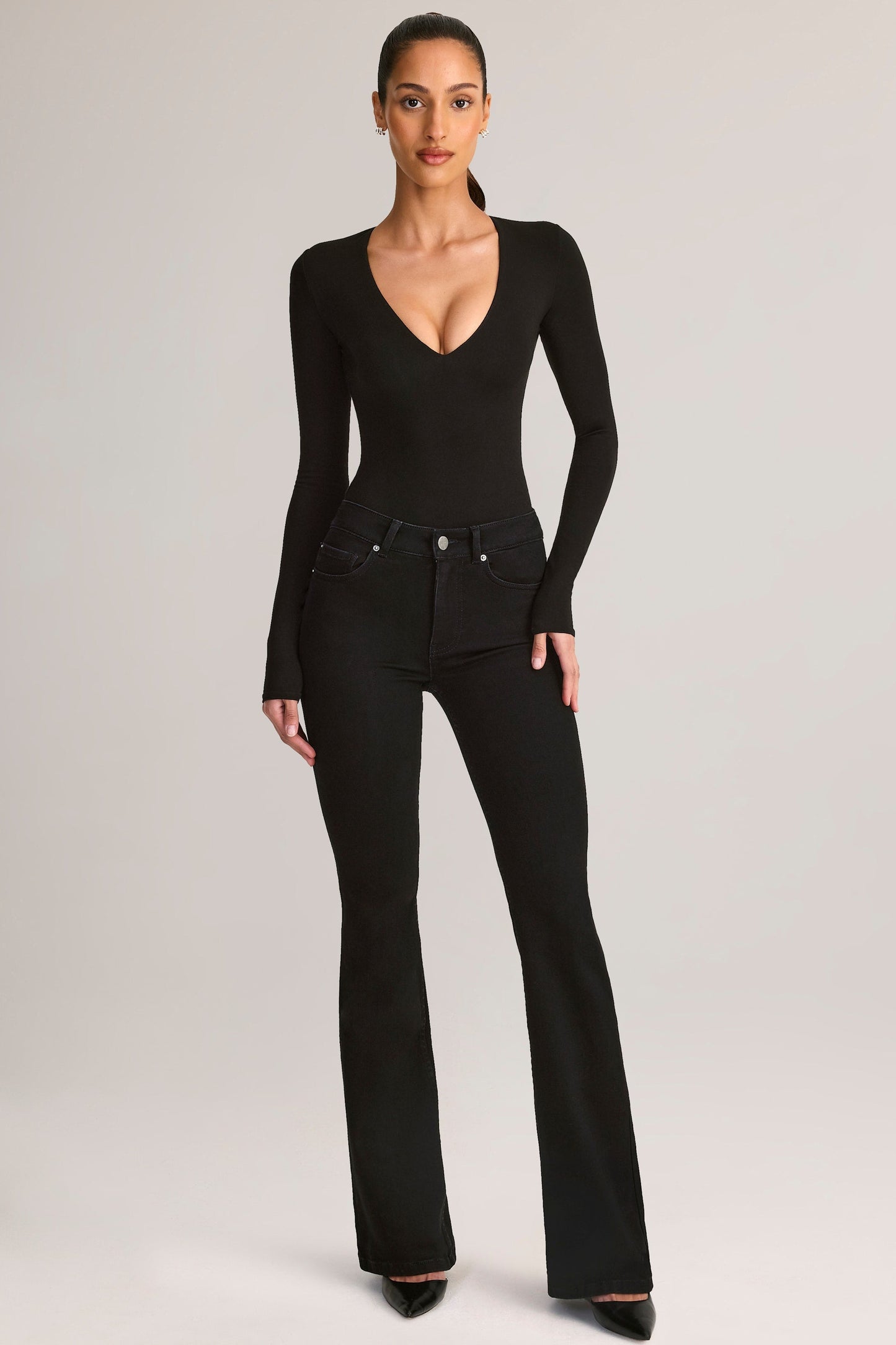 Modal Plunge Long-Sleeve Bodysuit in Black