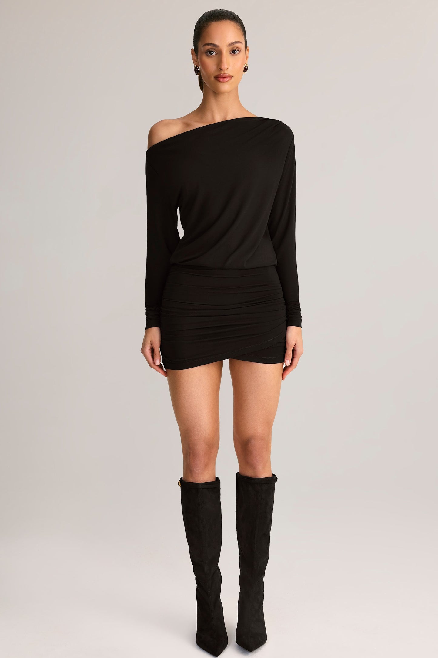 Modal Off-Shoulder Wrap Mini Dress in Black