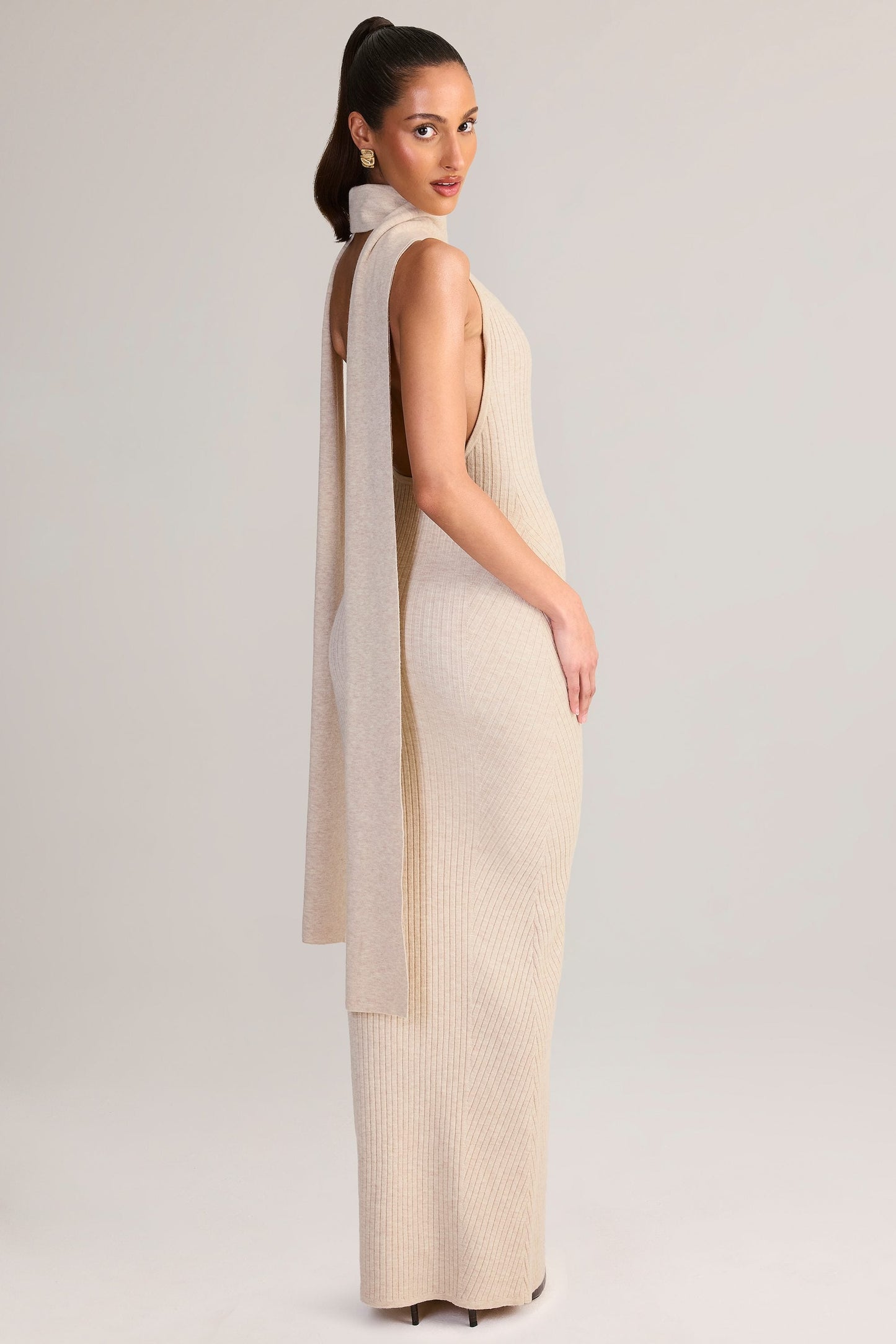 Rib-Knit Scarf-Detail Halterneck Maxi Dress in Cream