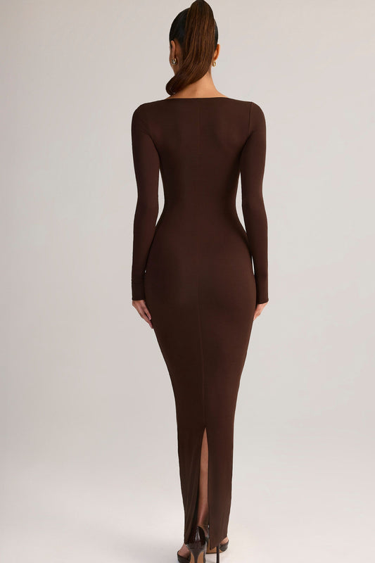 Modal Square-Neck Bodycon Maxi Dress in Chocolate Brown