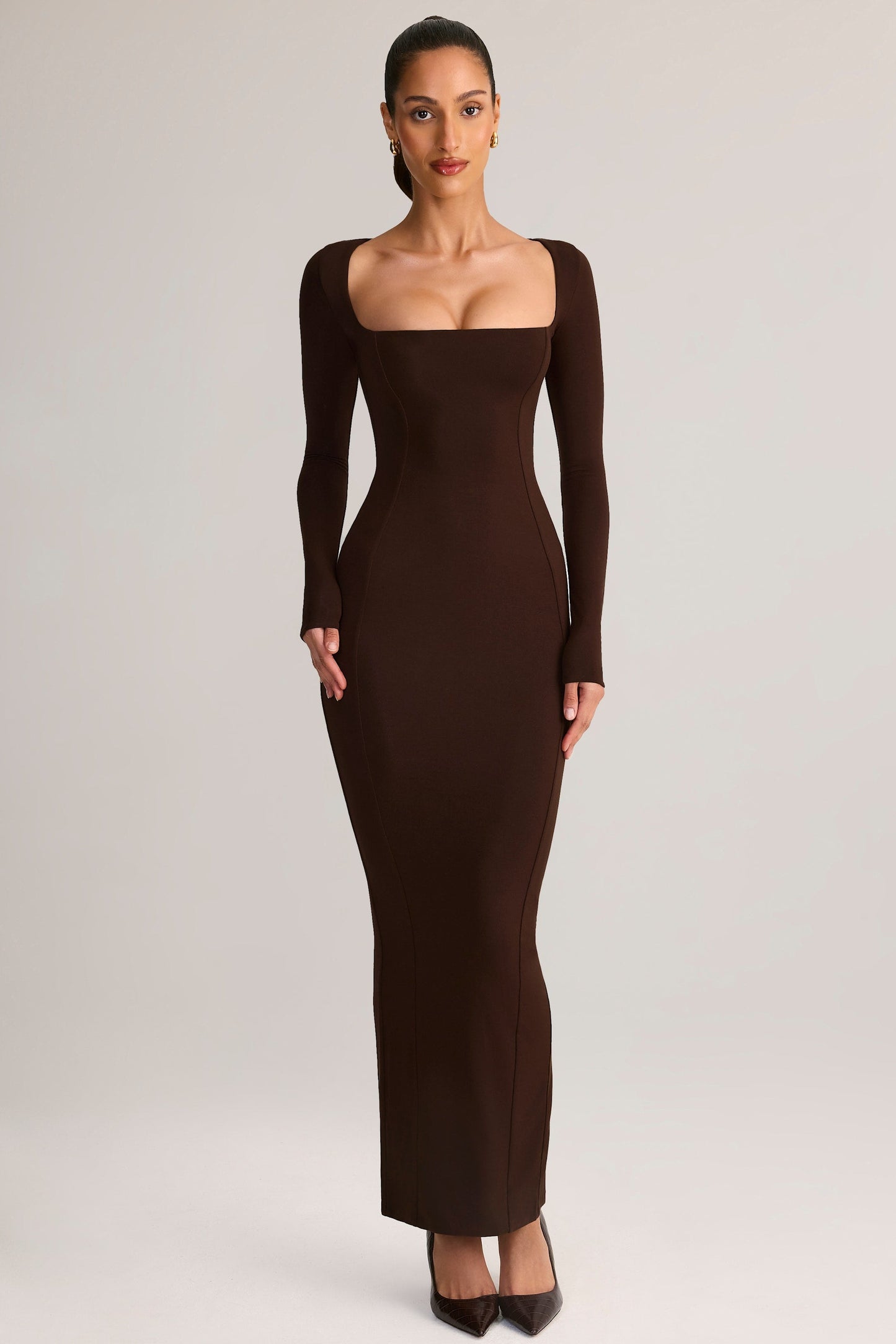 Modal Square-Neck Bodycon Maxi Dress in Chocolate Brown