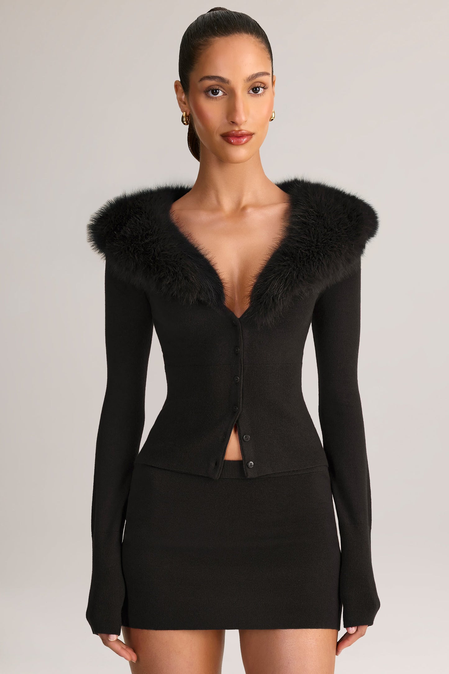 Knit Faux-Fur-Trim Cardigan in Black