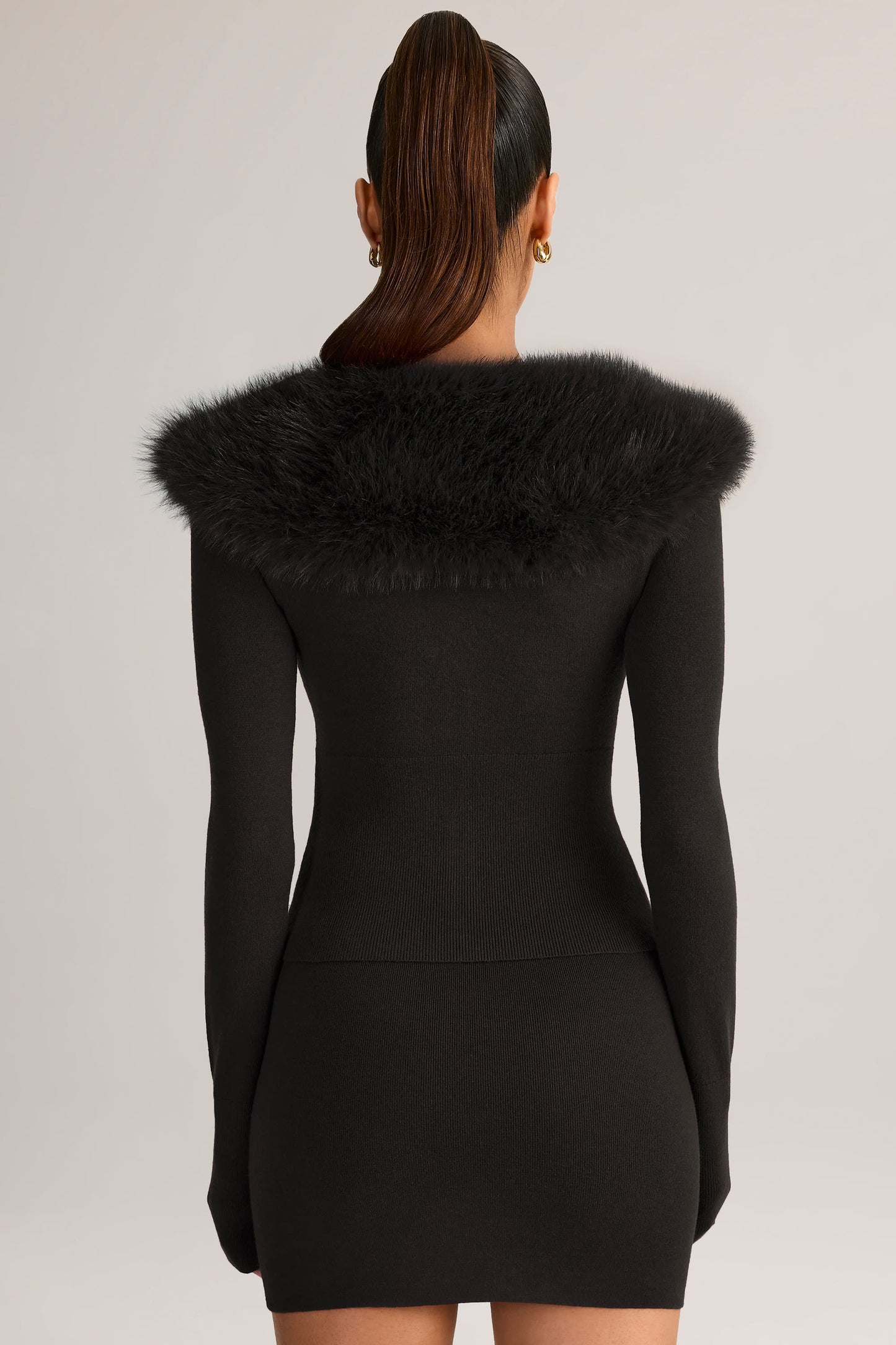 Knit Faux-Fur-Trim Cardigan in Black
