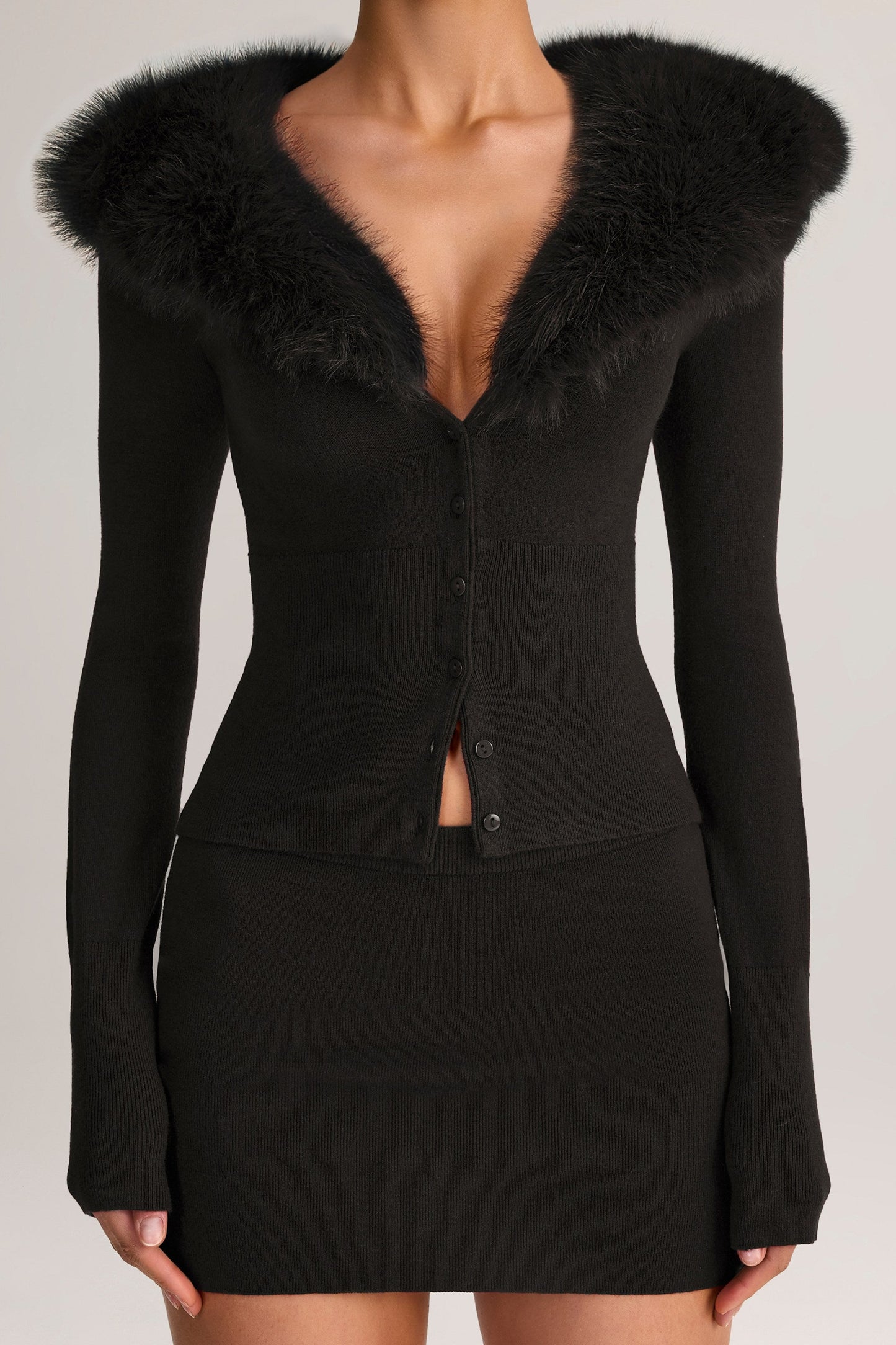 Knit Faux-Fur-Trim Cardigan in Black