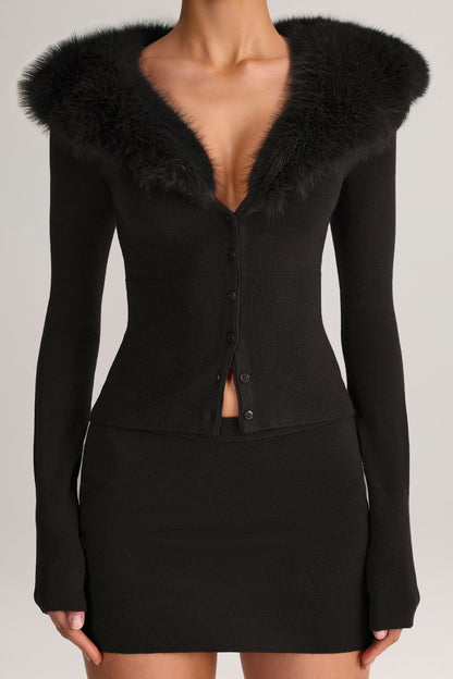 Knit Faux-Fur-Trim Cardigan in Black