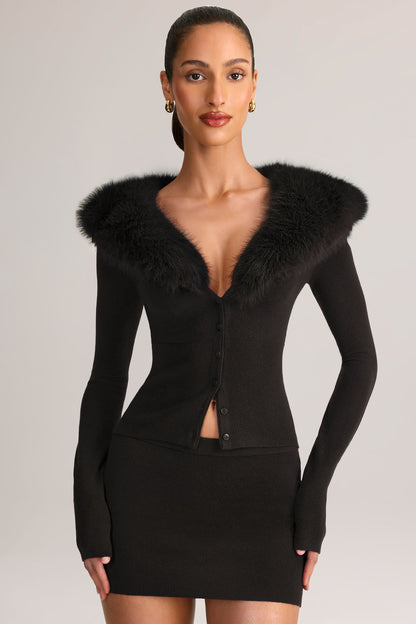 Knit Faux-Fur-Trim Cardigan in Black