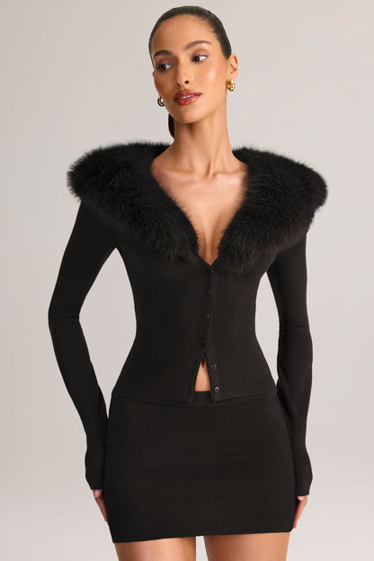 Knit Faux-Fur-Trim Cardigan in Black