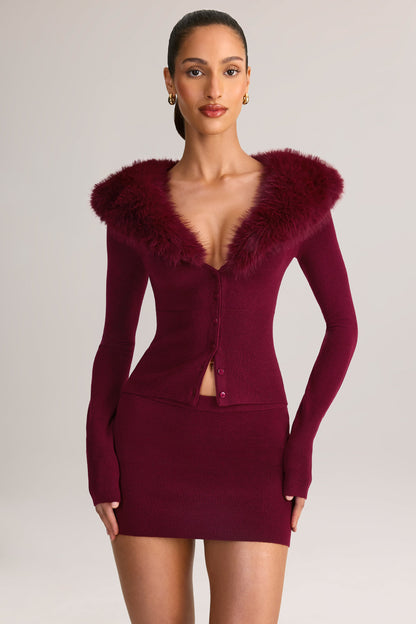 Knit Faux-Fur-Trim Cardigan in Wine