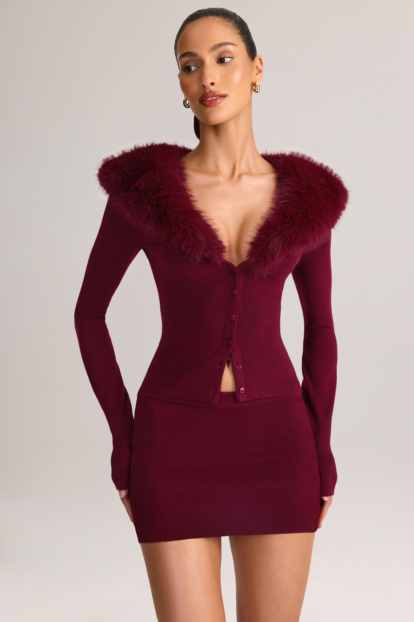 Knit Faux-Fur-Trim Cardigan in Wine