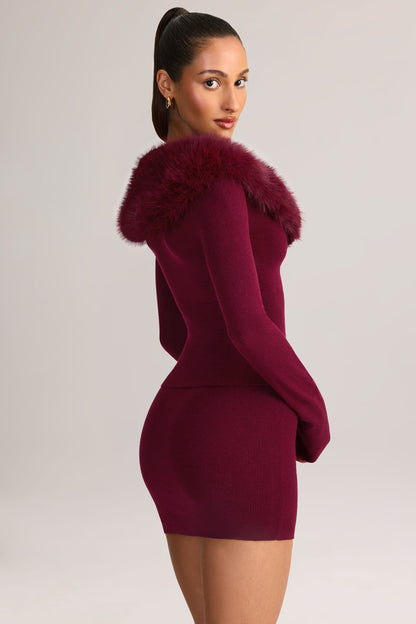 Knit Faux-Fur-Trim Cardigan in Wine