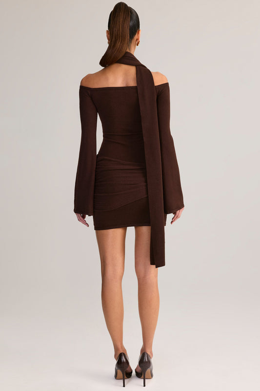 Knit Scarf-Detail Off-Shoulder Mini Dress in Chocolate Brown