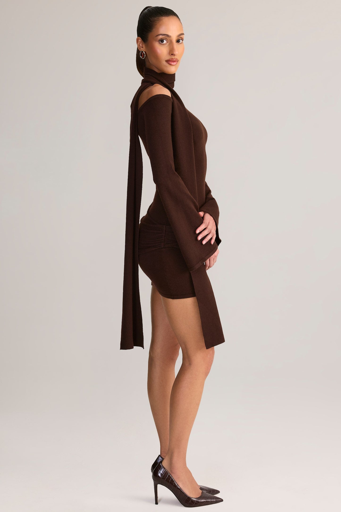 Knit Scarf-Detail Off-Shoulder Mini Dress in Chocolate Brown