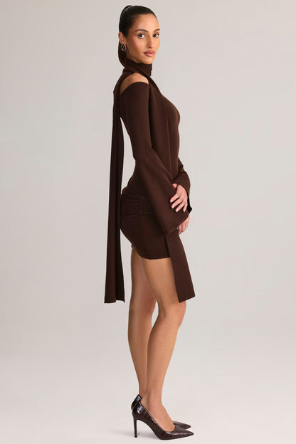 Knit Scarf-Detail Off-Shoulder Mini Dress in Chocolate Brown