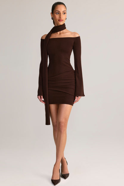 Knit Scarf-Detail Off-Shoulder Mini Dress in Chocolate Brown
