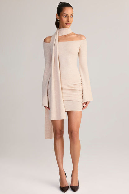 Knit Scarf-Detail Off-Shoulder Mini Dress in Cream