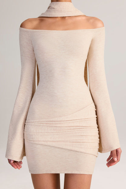 Knit Scarf-Detail Off-Shoulder Mini Dress in Cream