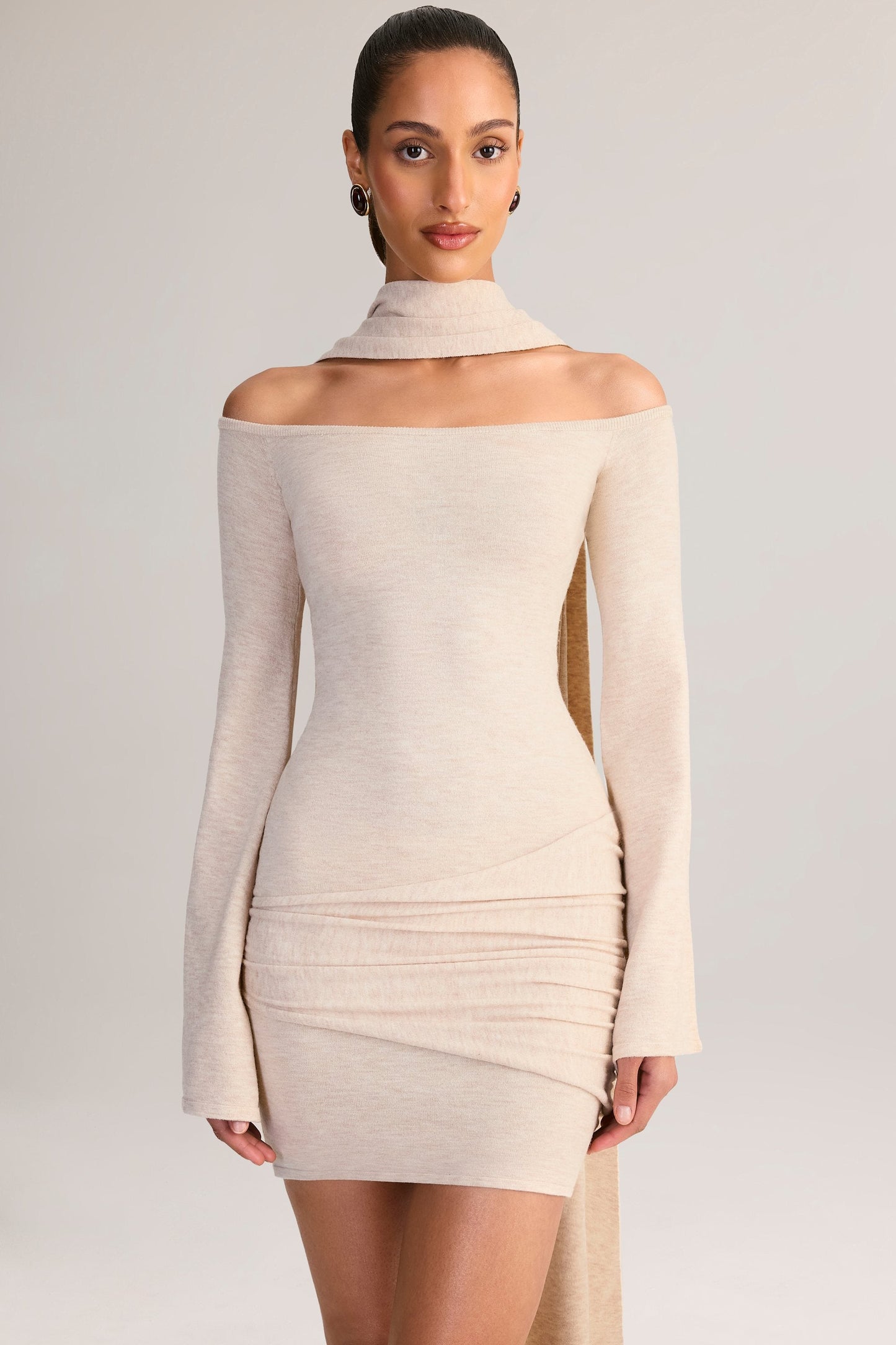 Knit Scarf-Detail Off-Shoulder Mini Dress in Cream