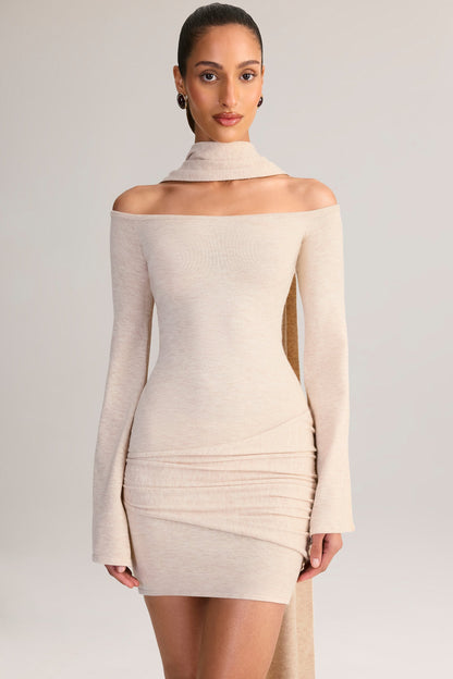 Knit Scarf-Detail Off-Shoulder Mini Dress in Cream