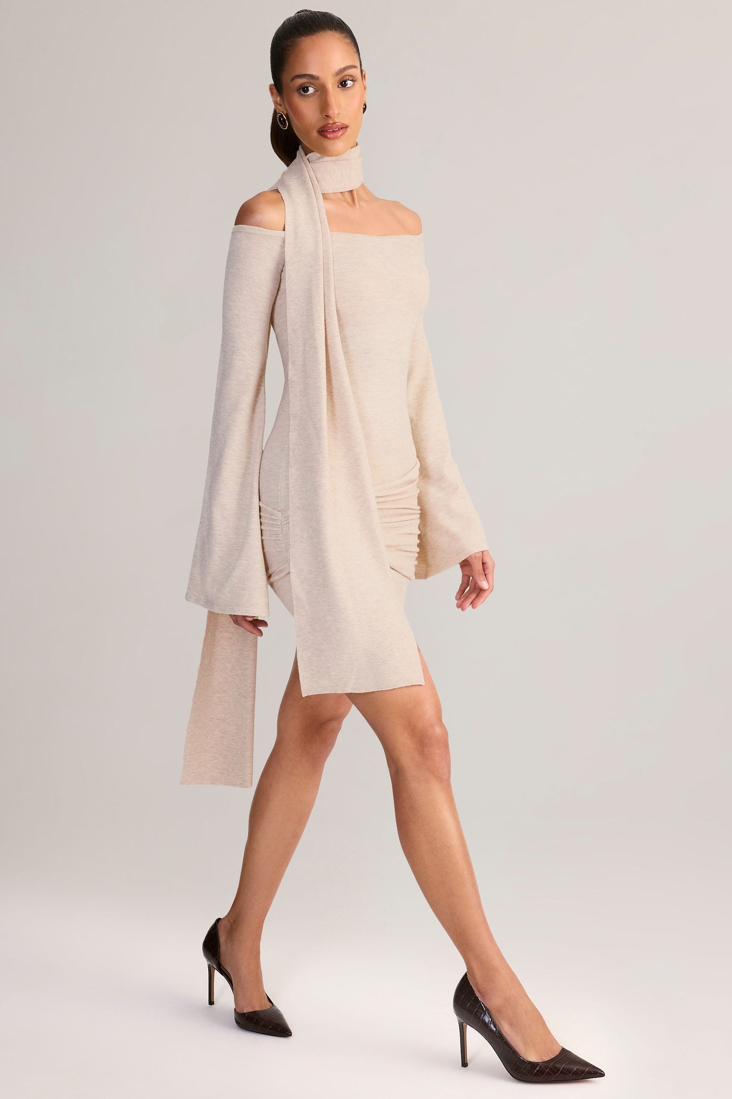 Knit Scarf-Detail Off-Shoulder Mini Dress in Cream