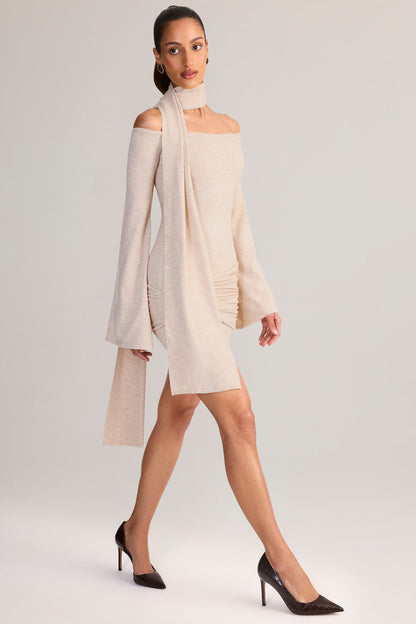 Knit Scarf-Detail Off-Shoulder Mini Dress in Cream