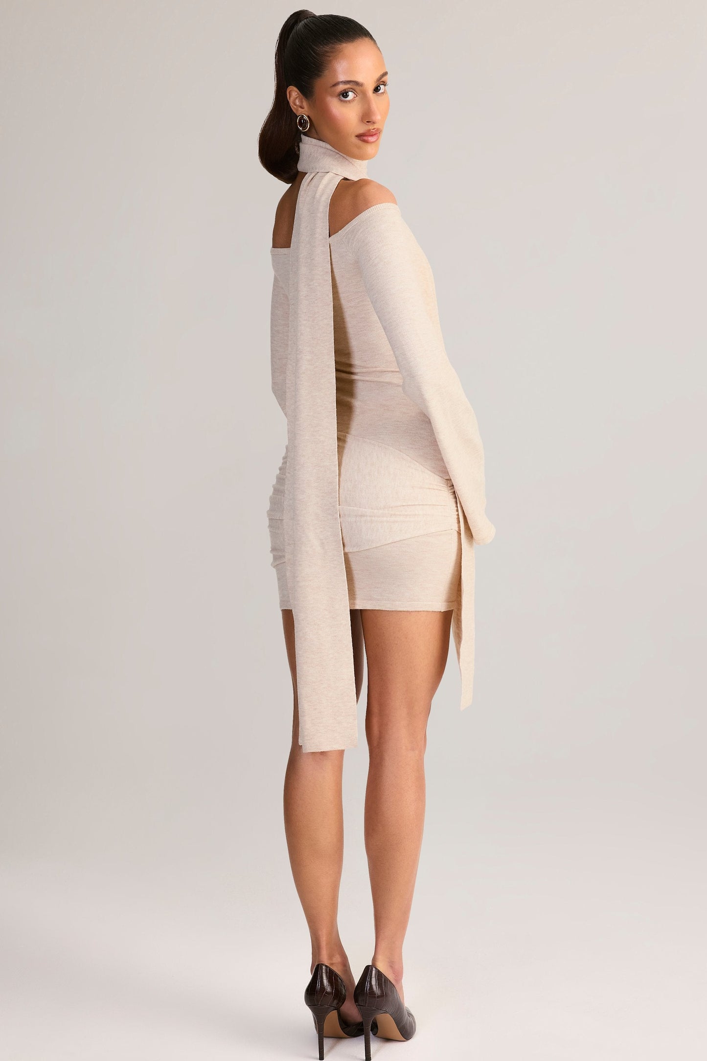 Knit Scarf-Detail Off-Shoulder Mini Dress in Cream