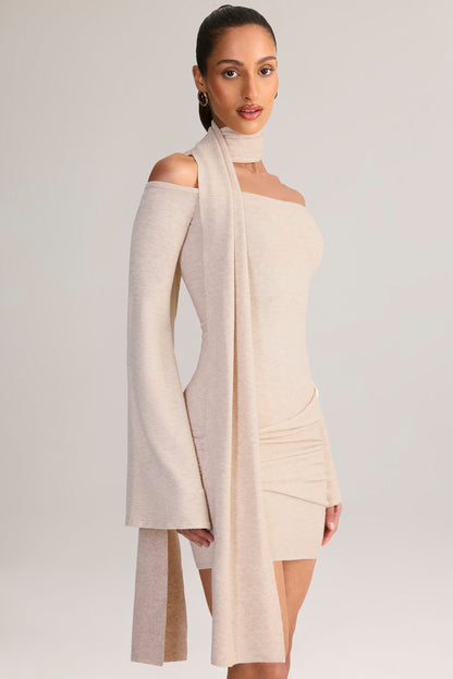Knit Scarf-Detail Off-Shoulder Mini Dress in Cream