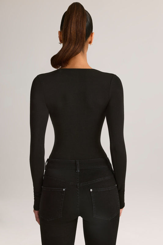 Modal Plunge Long-Sleeve Bodysuit in Black