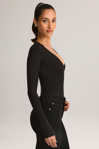 Modal Plunge Long-Sleeve Bodysuit in Black