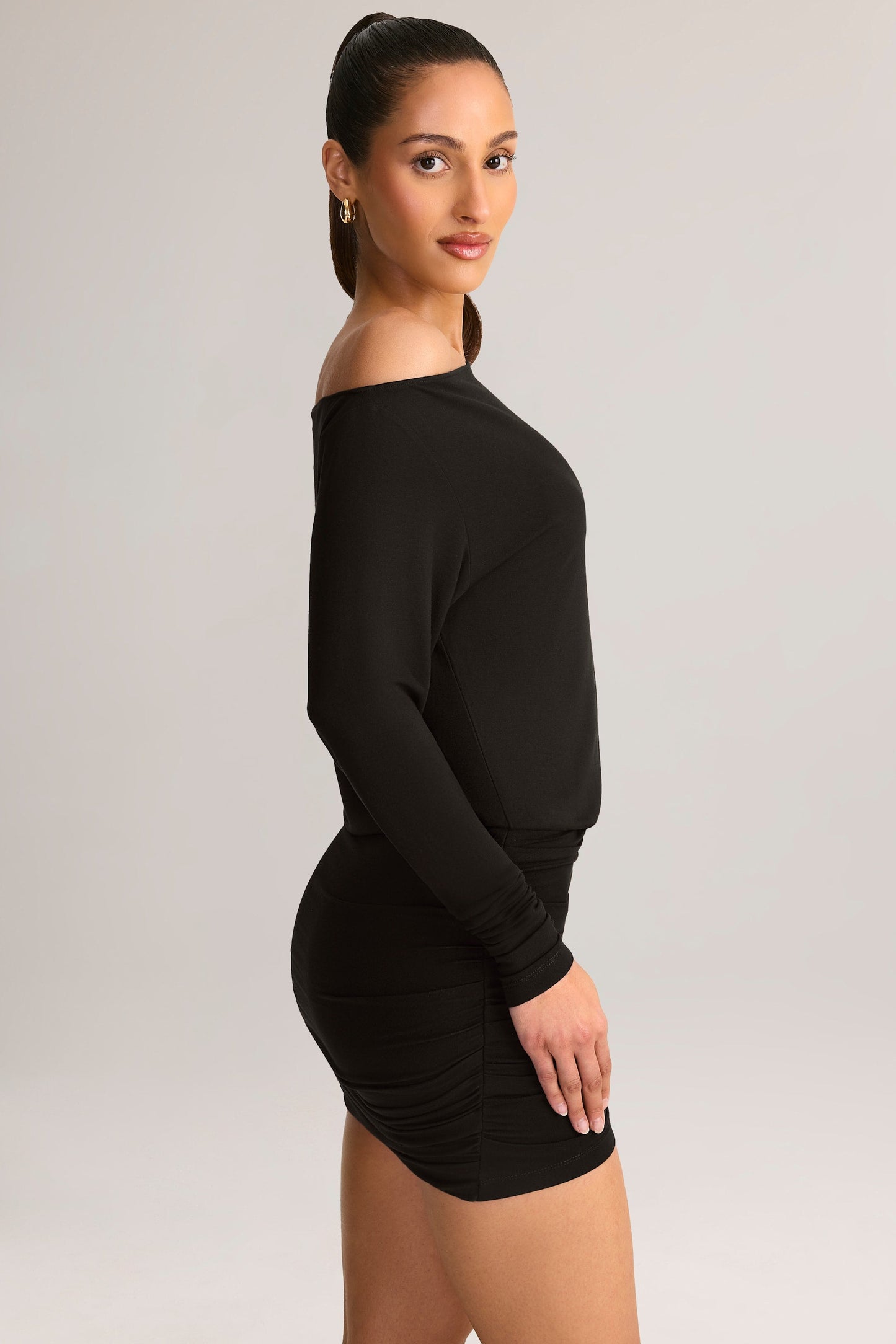 Modal Off-Shoulder Wrap Mini Dress in Black