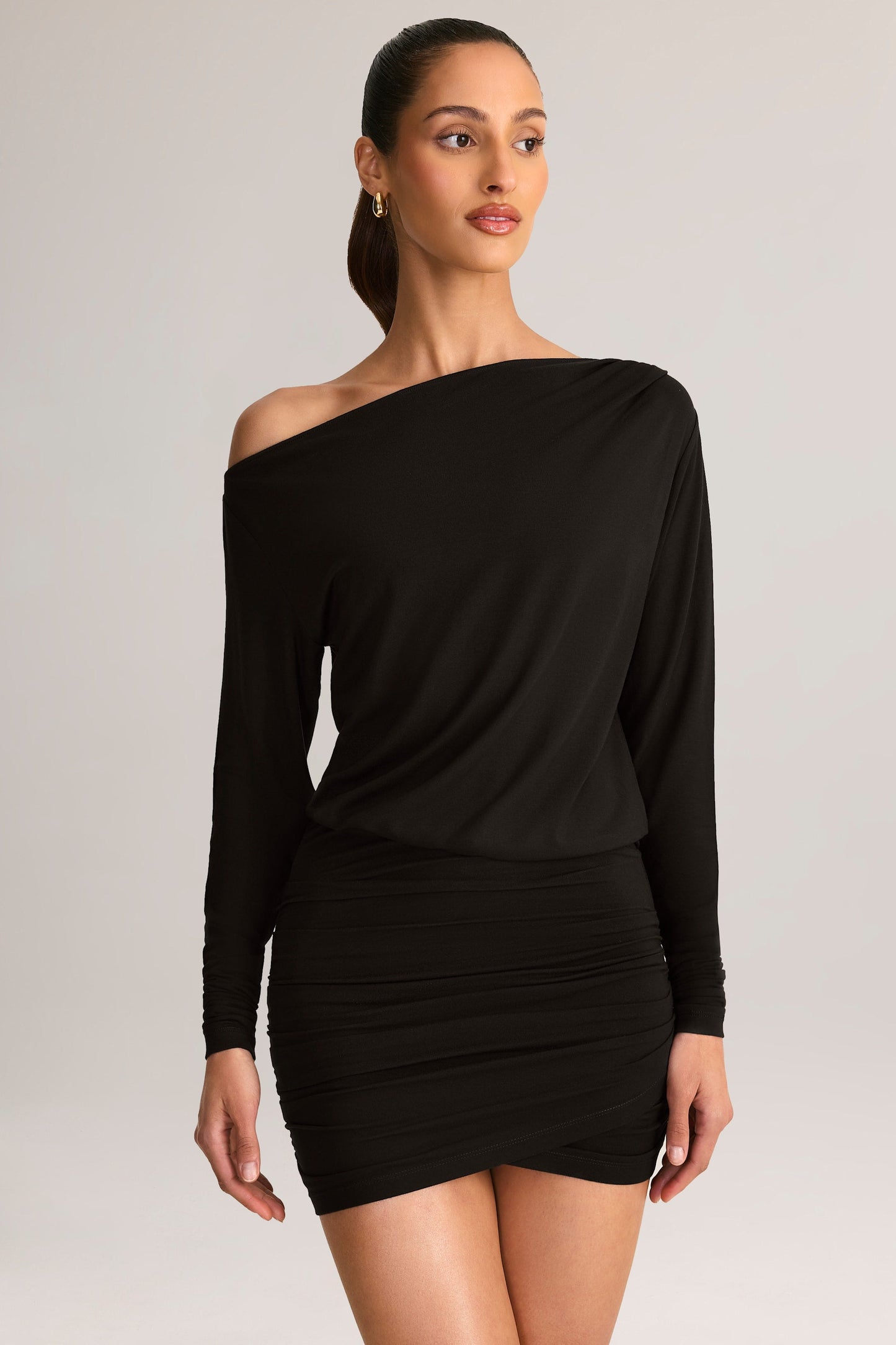 Modal Off-Shoulder Wrap Mini Dress in Black