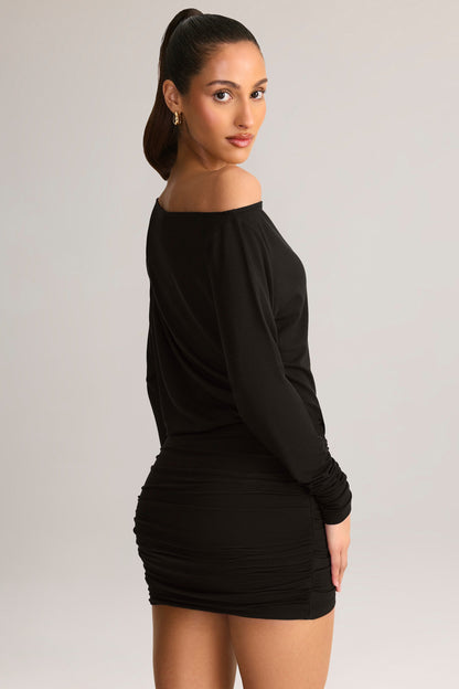 Modal Off-Shoulder Wrap Mini Dress in Black