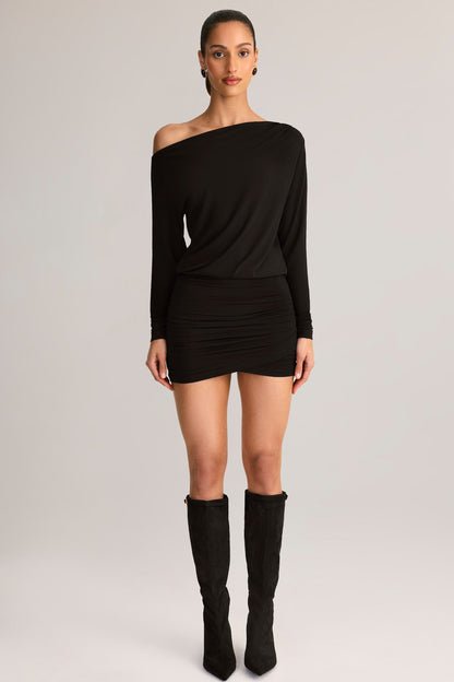 Modal Off-Shoulder Wrap Mini Dress in Black