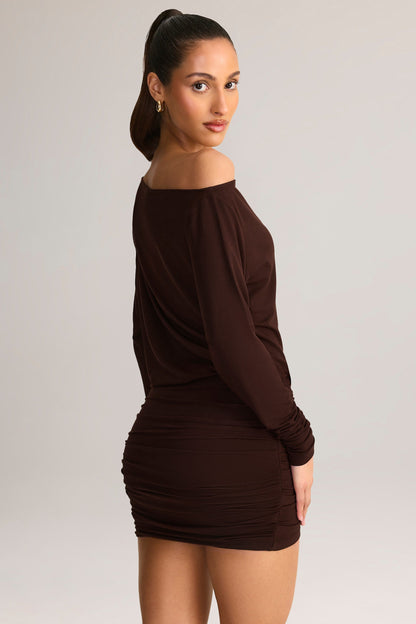 Modal Off-Shoulder Wrap Mini Dress in Chocolate Brown