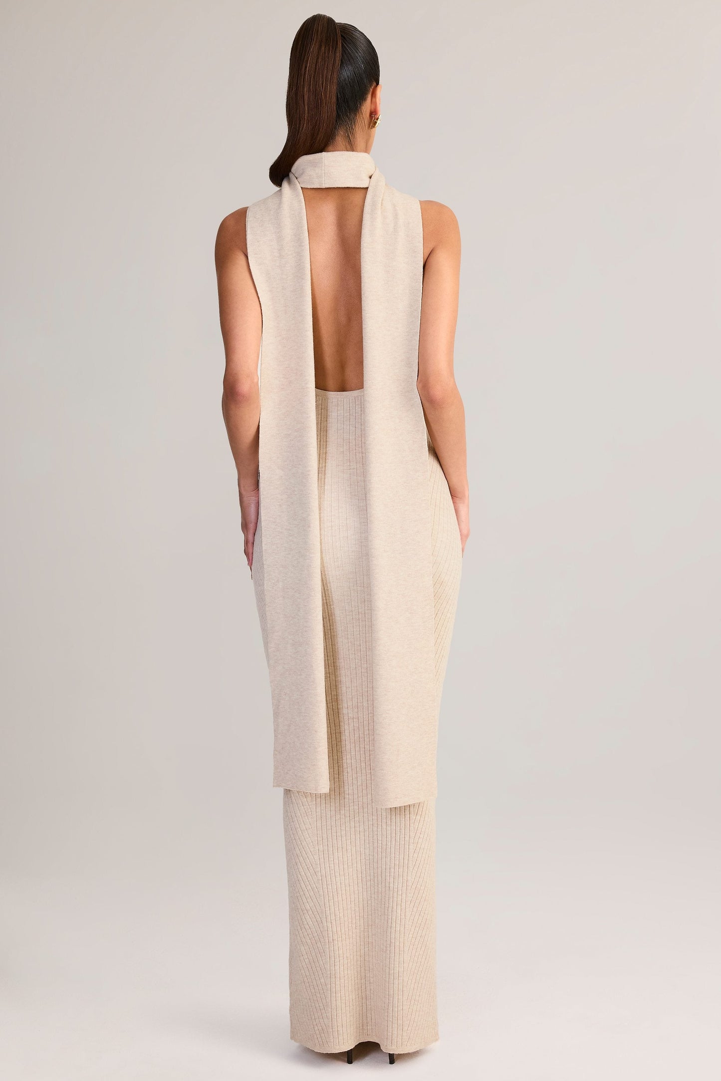 Rib-Knit Scarf-Detail Halterneck Maxi Dress in Cream