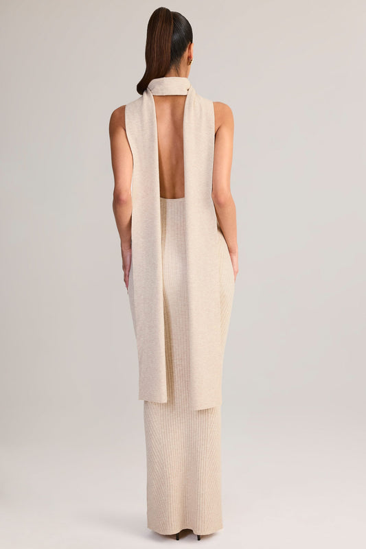 Rib-Knit Scarf-Detail Halterneck Maxi Dress in Cream