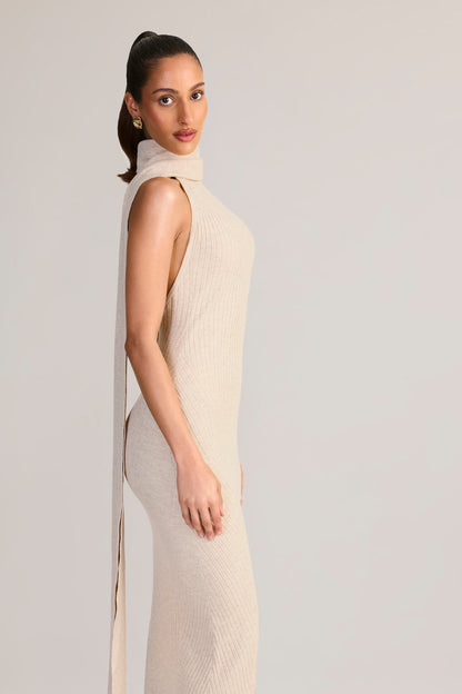 Rib-Knit Scarf-Detail Halterneck Maxi Dress in Cream