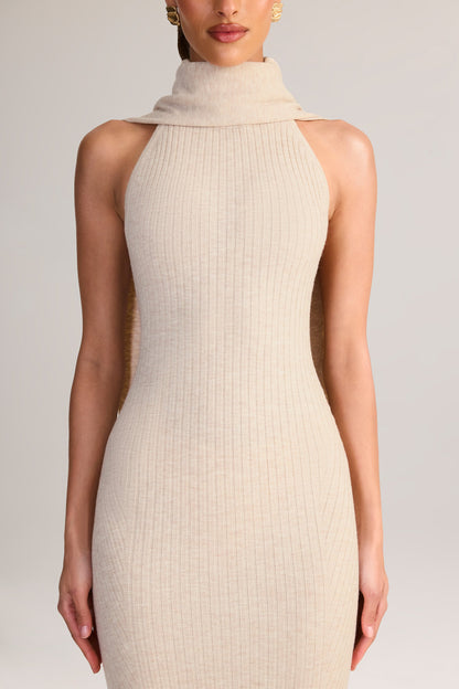 Rib-Knit Scarf-Detail Halterneck Maxi Dress in Cream