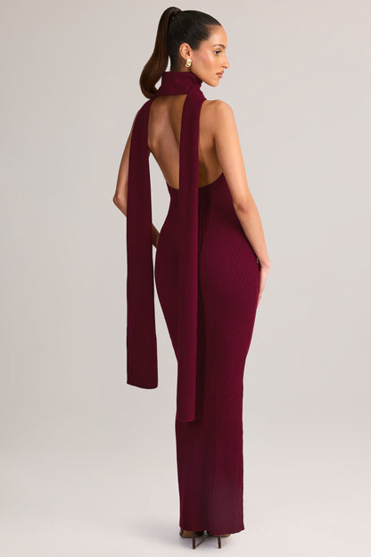 Rib-Knit Scarf-Detail Halterneck Maxi Dress in Wine