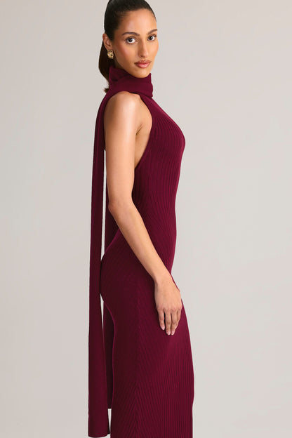Rib-Knit Scarf-Detail Halterneck Maxi Dress in Wine