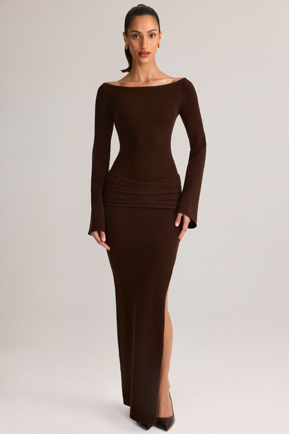 Rib-Knit Boat-Neck Long-Sleeve Maxi Dress in Chocolate Brown