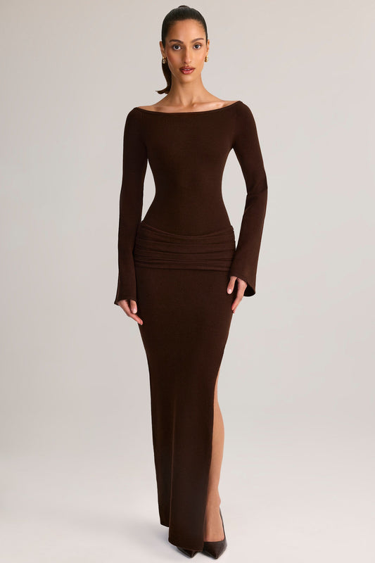 Rib-Knit Boat-Neck Long-Sleeve Maxi Dress in Chocolate Brown
