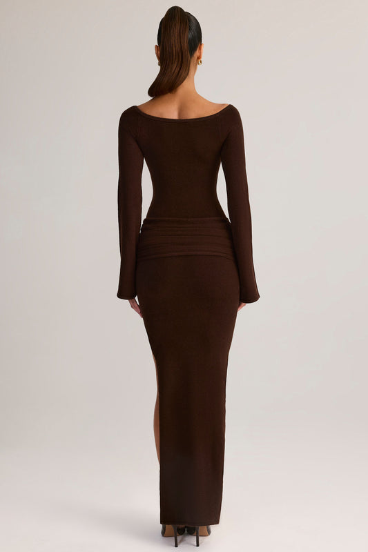 Rib-Knit Boat-Neck Long-Sleeve Maxi Dress in Chocolate Brown