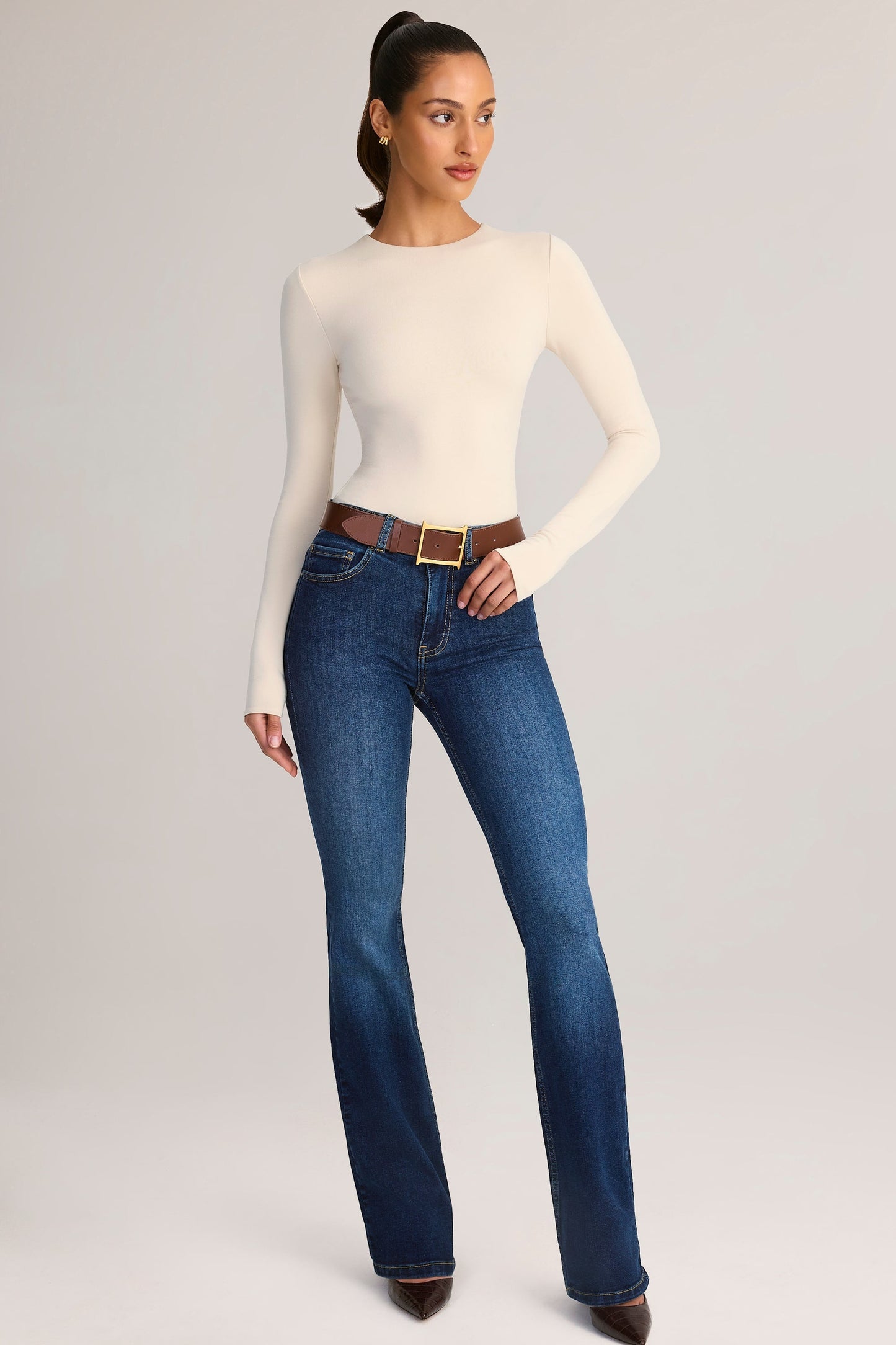 Modal Round-Neck Long-Sleeve Bodysuit in Cream