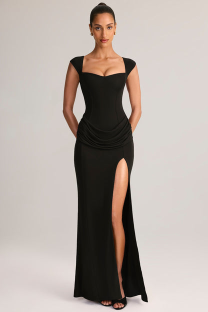 Modal Sweetheart-Neck Cowl-Waist Maxi Dress in Black