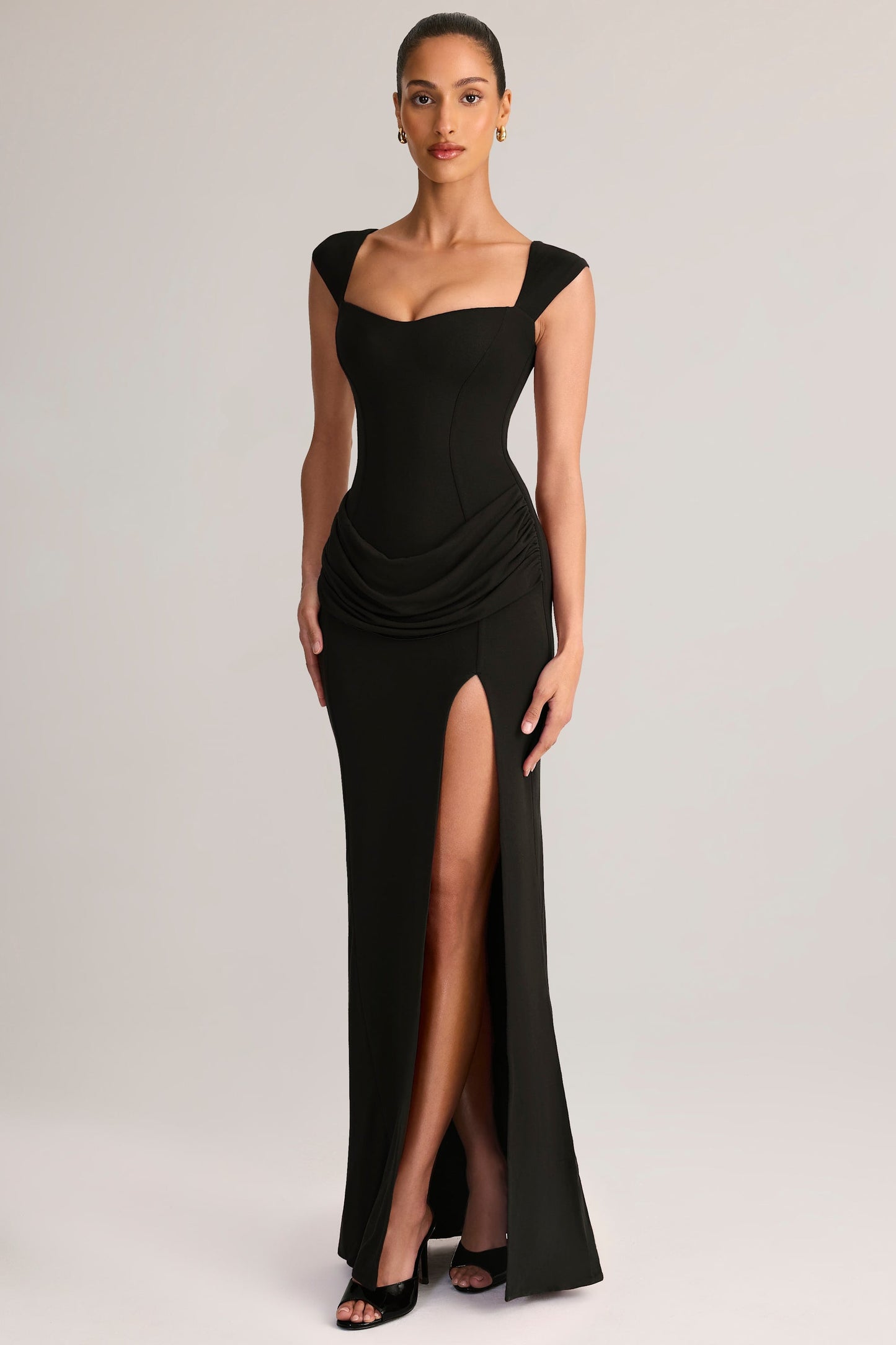 Modal Sweetheart-Neck Cowl-Waist Maxi Dress in Black