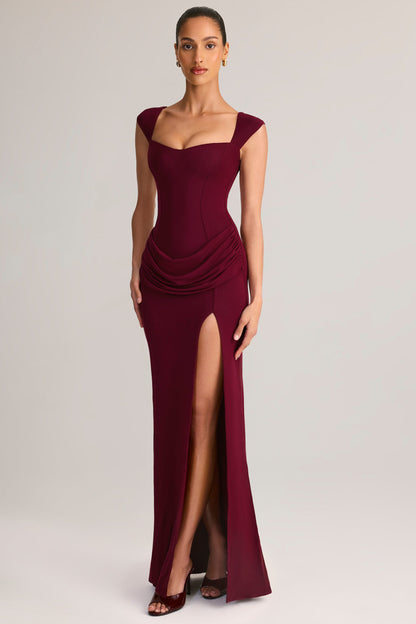 Modal Sweetheart-Neck Cowl-Waist Maxi Dress in Wine