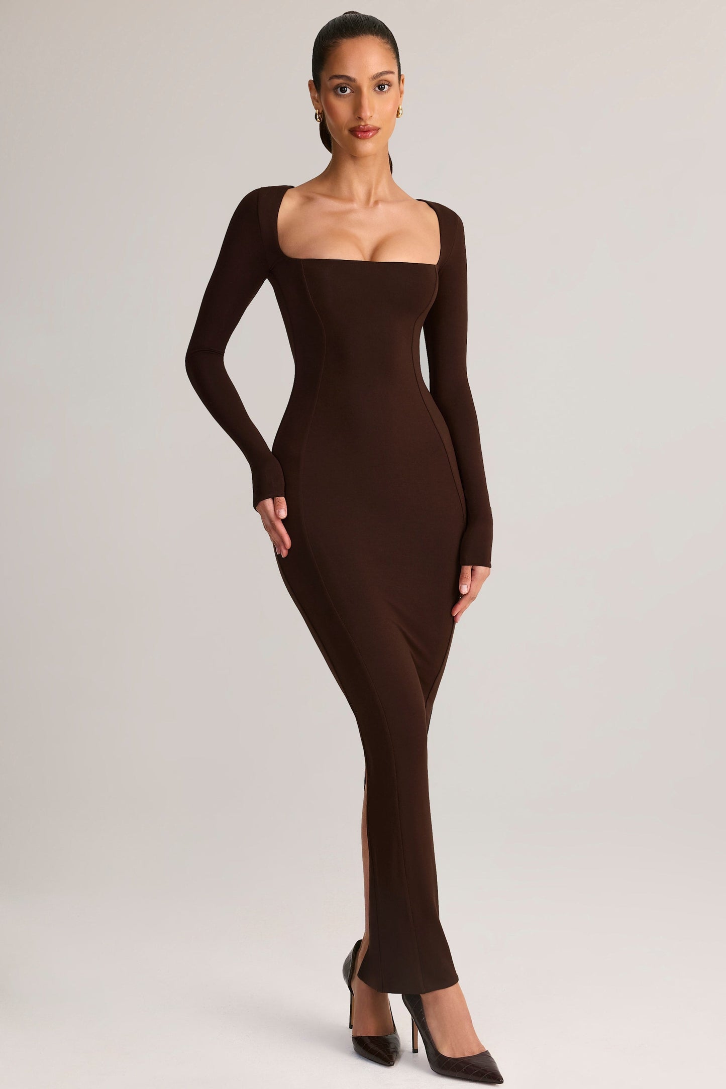 Modal Square-Neck Bodycon Maxi Dress in Chocolate Brown