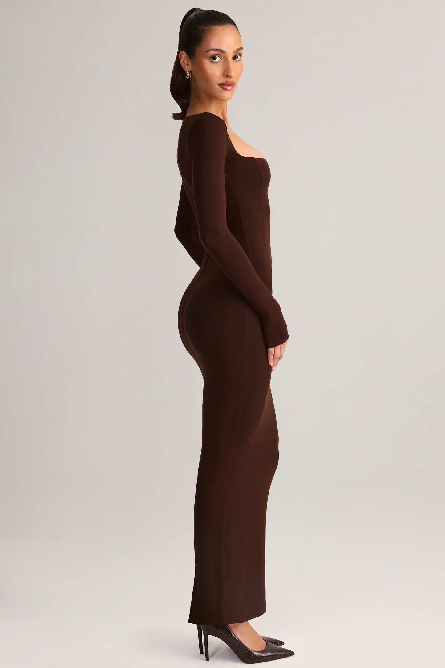 Modal Square-Neck Bodycon Maxi Dress in Chocolate Brown