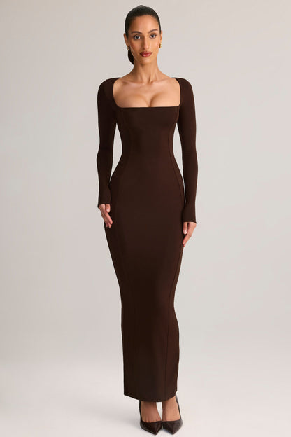 Modal Square-Neck Bodycon Maxi Dress in Chocolate Brown